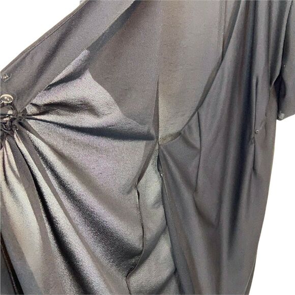 Puffed Sleeve Wrap Dress Vintage 80s Jean Leslie Womens Black Semi Sheer SZ M L - Picture 8 of 16